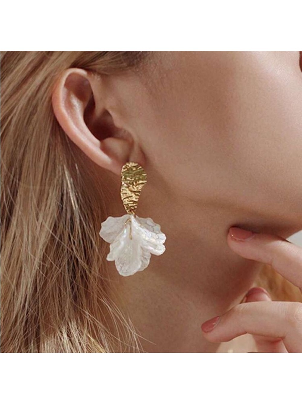 Gold and White Pearl Petal Drop Earrings A144